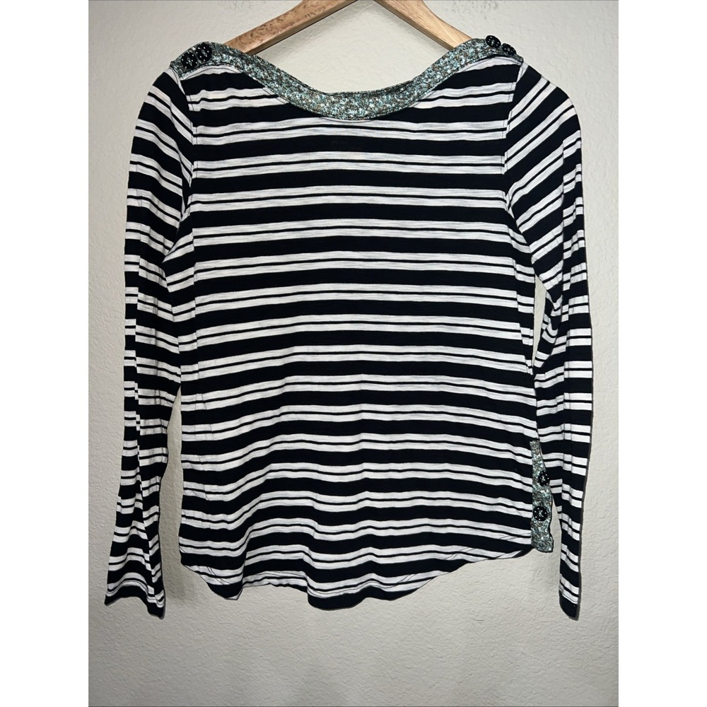Postmark Anthropologie BLACK/WHITE Stripes  Top Button Shoulder L/Sleeve SMALL